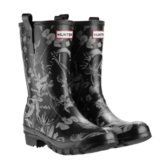 RARE HUNTER Royal Horticultural Society Floral Black Rain Boots Womens 9 US - Picture 1 of 9